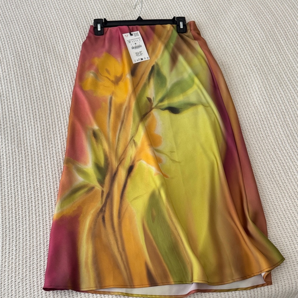 Zara Abstract Floral Satin Midi Skirt - Yellow & Pink